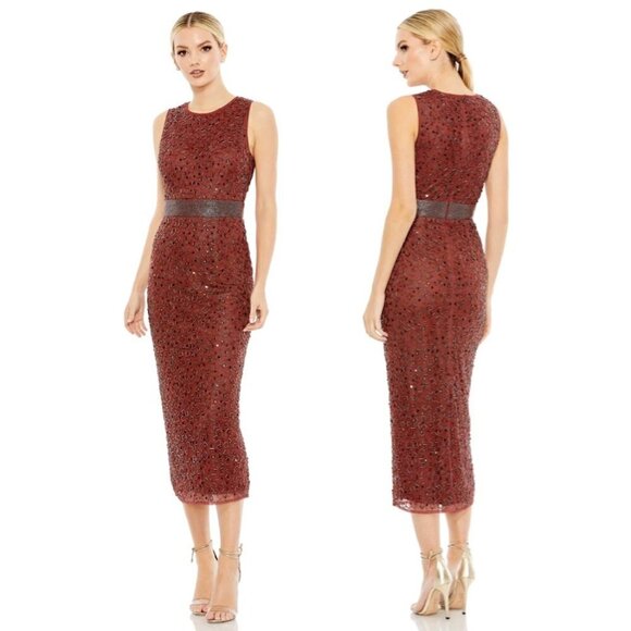 MAC DUGGAL Geometric Beaded Midi Cocktail Dress in Brick Size US 4 - Picture 1 of 10